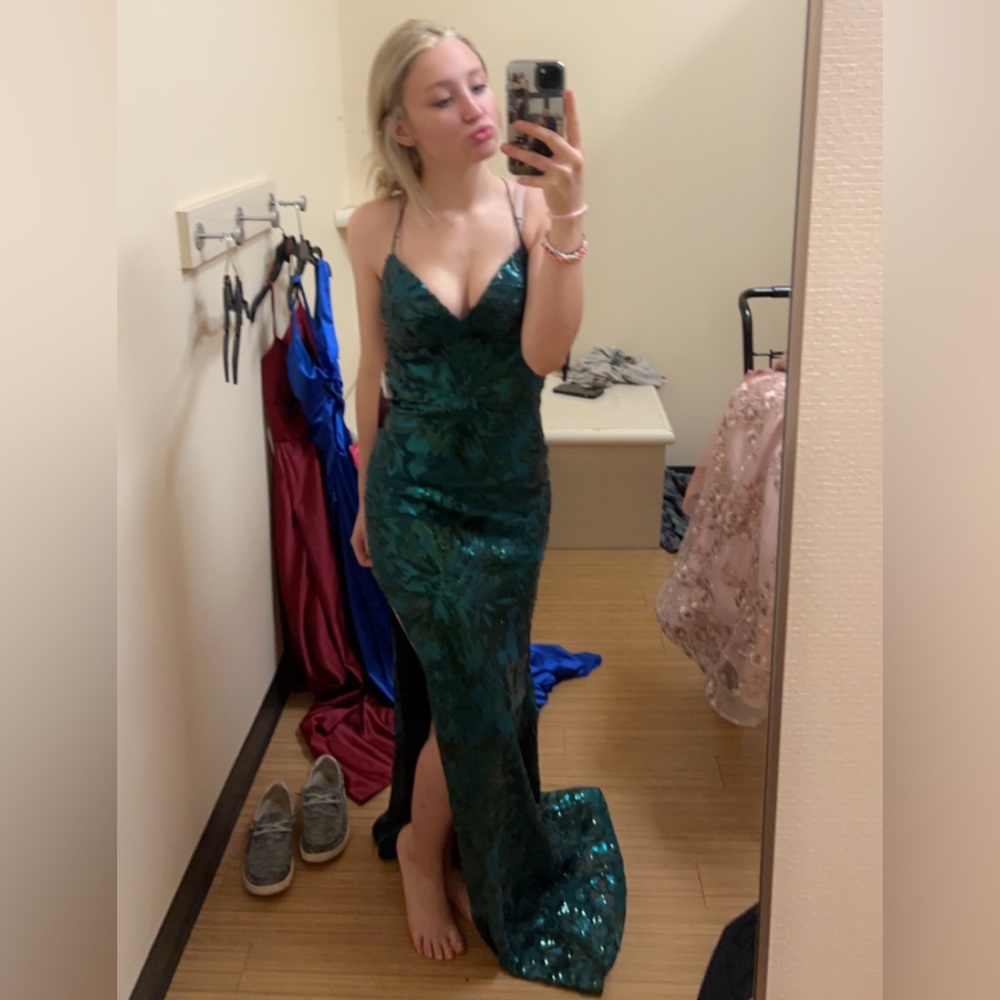 Belks sparkly green, knee split prom dress. open back.